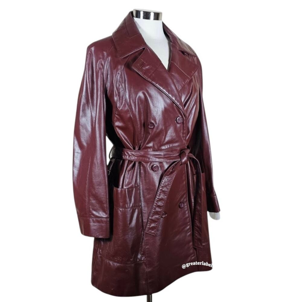 Etienne Aigner Vintage 70s Burgundy Leather Belted Trench Coat SIZE 14 Rare - Picture 6 of 11